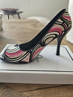 Abstract Swirl Peep-Toe Heels in Pink, Cream & Black